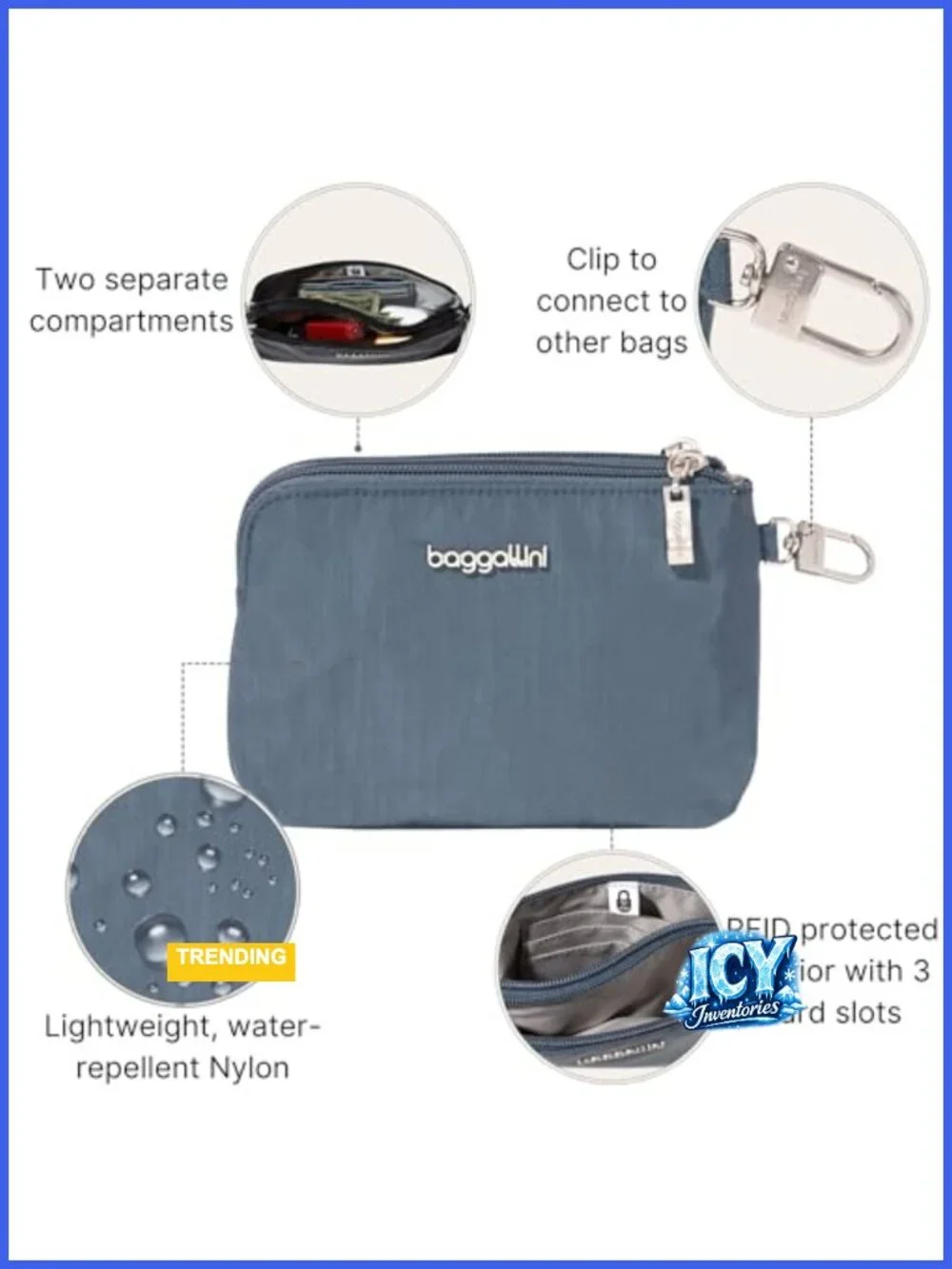 RFID Travel Wristlet Wallet with Detachable Clip, Lightweight